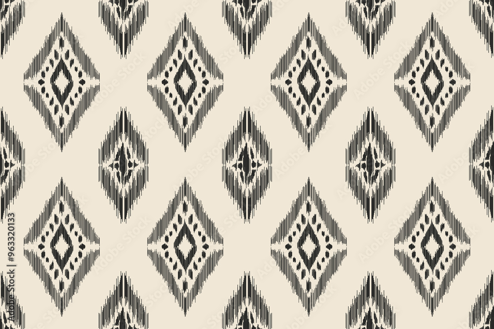 Seamless ikat pattern with black diamond geometric patterns on a cream background. Suitable for printing fabric, wallpaper, fashion and home decoration in traditional ethnic style.