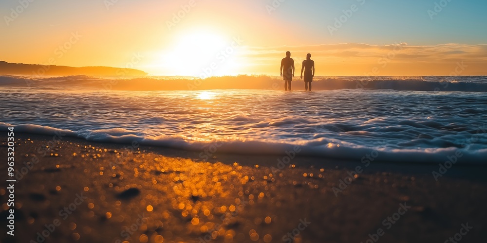 Two people walk into ocean waves, bathed in the glow of a setting sun, epitomizing freedom and tranquility. Two people walk into ocean waves, bathed in the glow of a setting sun, epitomizing freedom and tranquility.