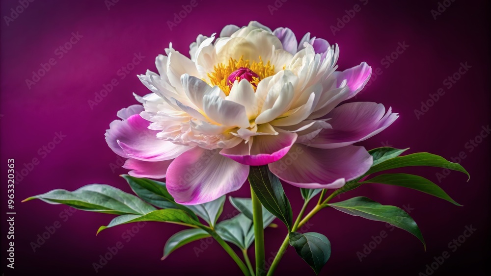 Obraz premium A stunning peony flower in vibrant pink and white hues, beautifully contrasted against a rich purple background.