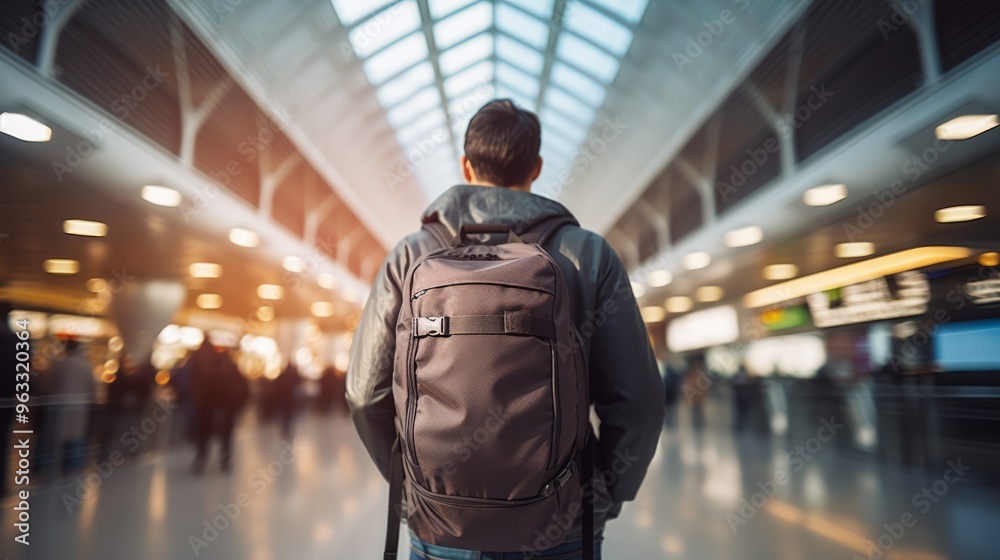 Young asian traveler with backpack in the railway. Neural network ai generated art Young asian traveler with backpack in the railway. Neural network ai generated art