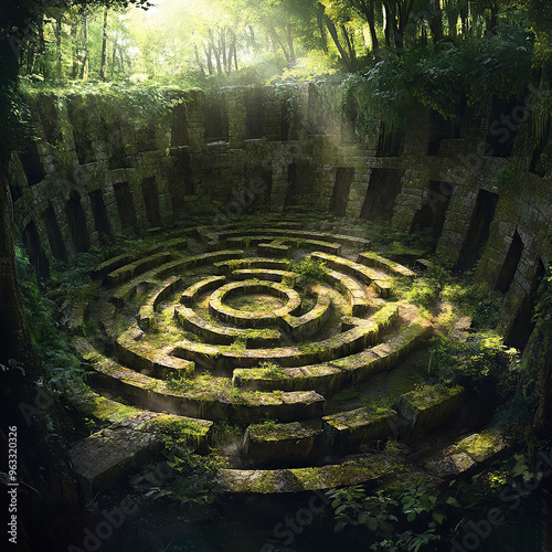 A mysterious ancient stone maze in the shape of a mandala, overgrown with moss and vines