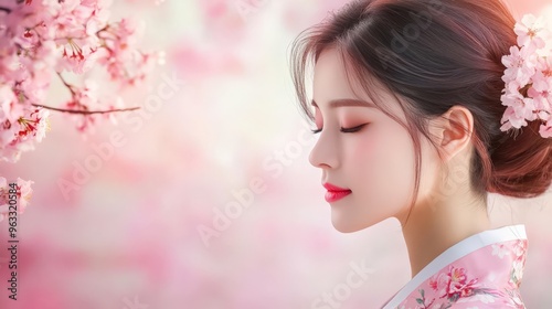 A serene portrait of a woman in traditional attire surrounded by cherry blossoms, embodying beauty and grace in a dreamlike setting. photo