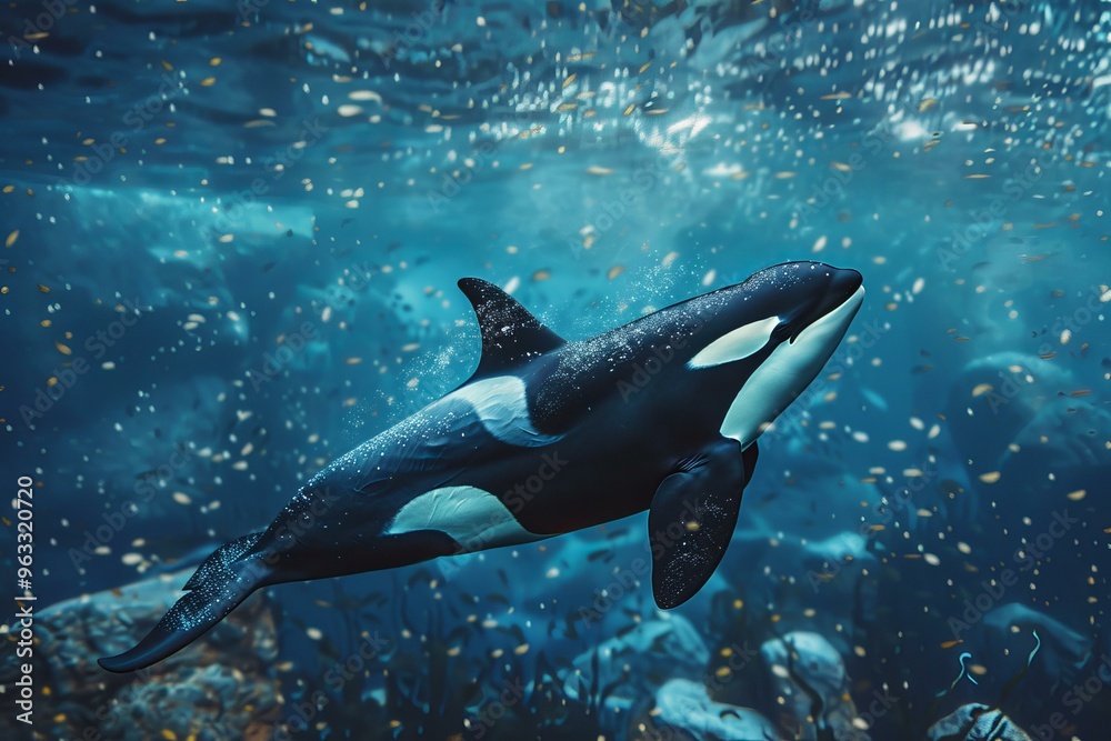 Obraz premium Large orca whale is swimming peacefully in deep blue ocean water surrounded by small fish