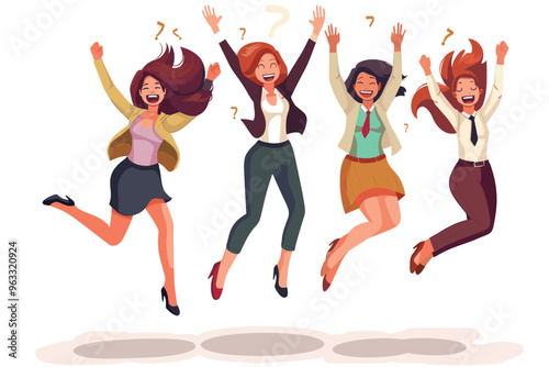 Joyful Female Office Workers Jumping with Number One, Celebrating Best Employee Award Ceremony