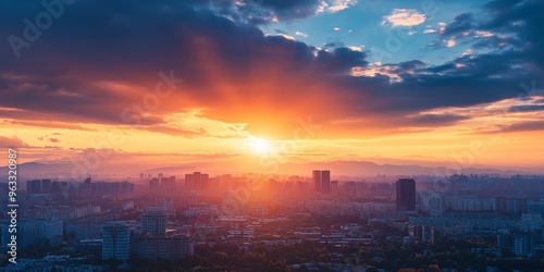 A stunning sunset overlooking a vast cityscape, with the sky glowing in warm hues, capturing a moment of serene beauty.