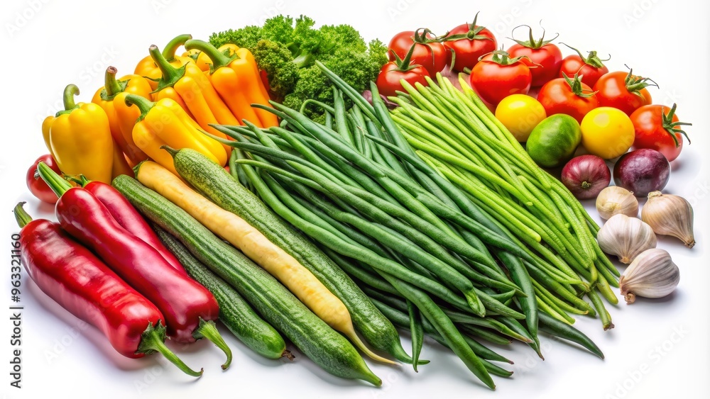 A vibrant assortment of fresh vegetables, including bell peppers, tomatoes, and green onions, ideal for healthy recipes.