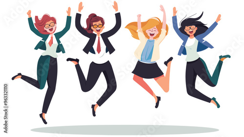 Joyful Female Office Workers Jumping with Number One, Celebrating Best Employee Award Ceremony