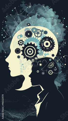 Psychologist Repairing Gears in Head Silhouette, Representing Therapy for Creative and Logical Processes