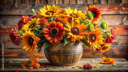 Wallpaper Mural A vibrant bouquet of sunflowers and colorful flowers in a rustic wooden bowl, perfect for home decor or seasonal themes. Torontodigital.ca