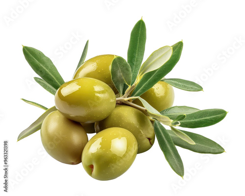 A cluster of green olives with leaves, showcasing freshness and natural appeal.