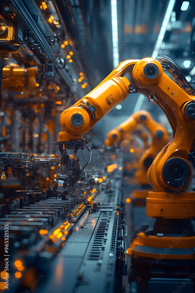 A modern factory where robotic arms work in perfect harmony. This image captures the precision and efficiency of advanced manufacturing. Metal surfaces and clean lines make the machines stand out. A modern factory where robotic arms work in perfect harmony. This image captures the precision and efficiency of advanced manufacturing. Metal surfaces and clean lines make the machines stand out.
