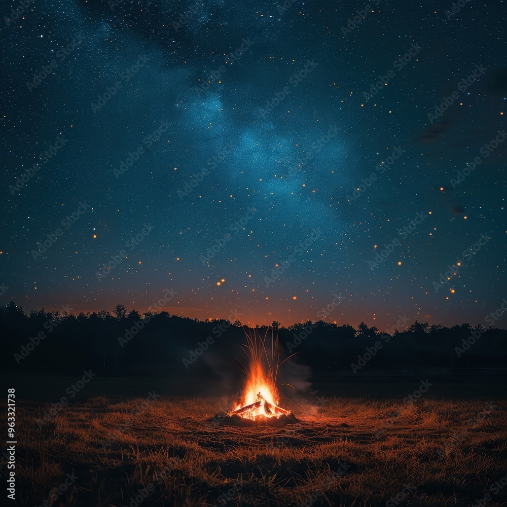 Fototapeta premium A mesmerizing night scene featuring a glowing campfire under a starry sky, perfect for evoking warmth and adventure.