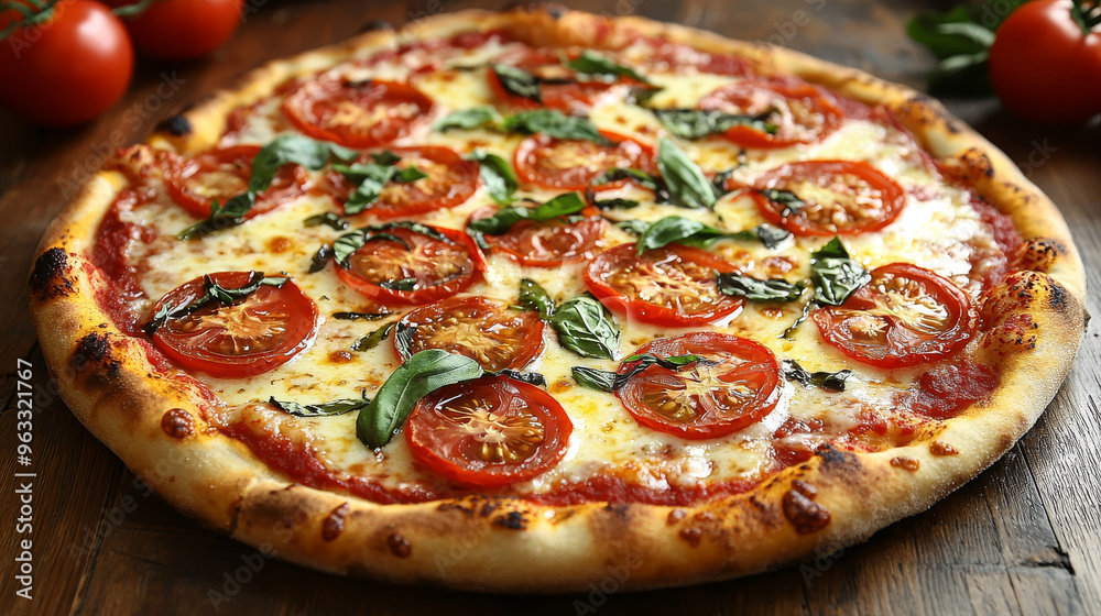 A delicious pizza with fresh tomato and basil.