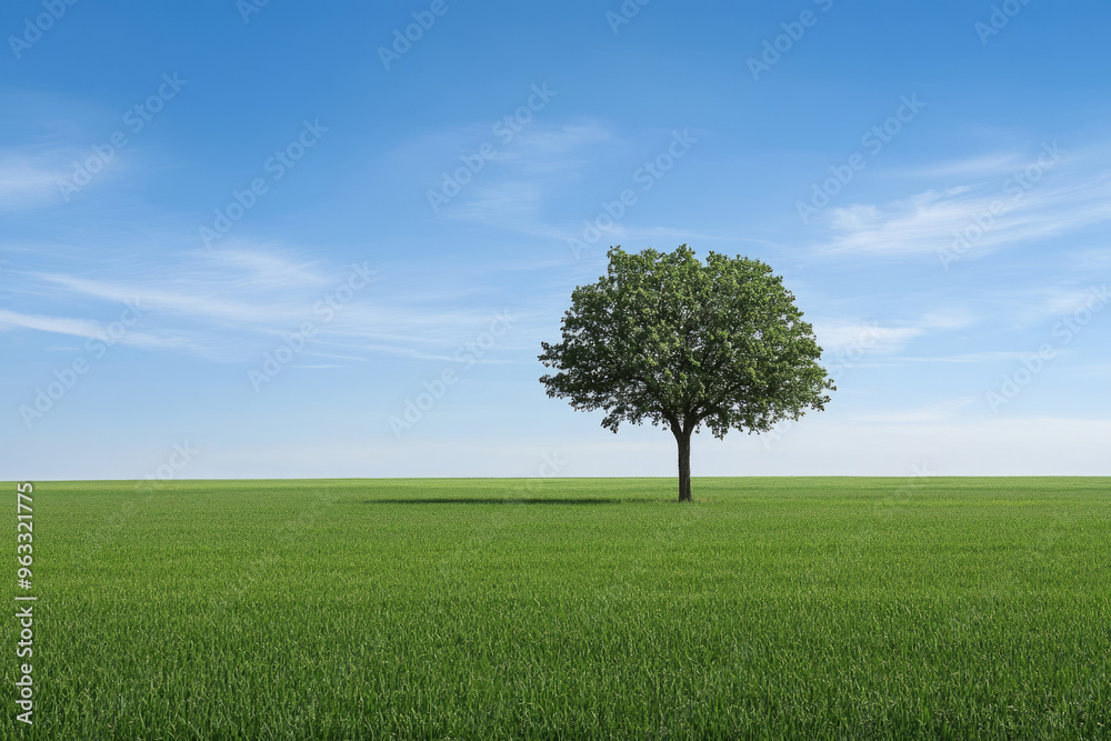 Tree stands in the middle of a green field under a bright blue sky with white clouds Tree stands in the middle of a green field under a bright blue sky with white clouds