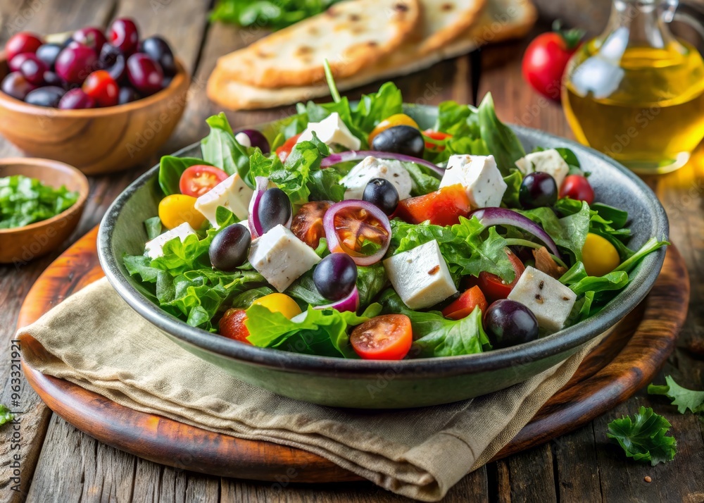 A vibrant salad featuring fresh greens, tomatoes, olives, and feta cheese, perfect for healthy meals and Mediterranean cuisine. A vibrant salad featuring fresh greens, tomatoes, olives, and feta cheese, perfect for healthy meals and Mediterranean cuisine.