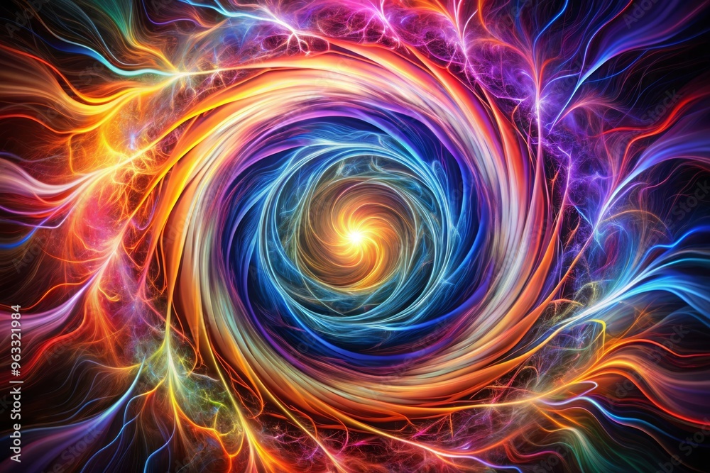 A vibrant swirl of colors and light, depicting an abstract cosmic energy in a mesmerizing spiral formation. A vibrant swirl of colors and light, depicting an abstract cosmic energy in a mesmerizing spiral formation.