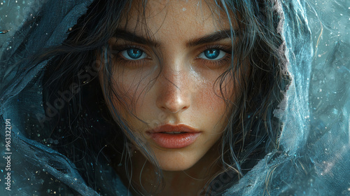 Woman with blue eyes looking intensely at the camera.