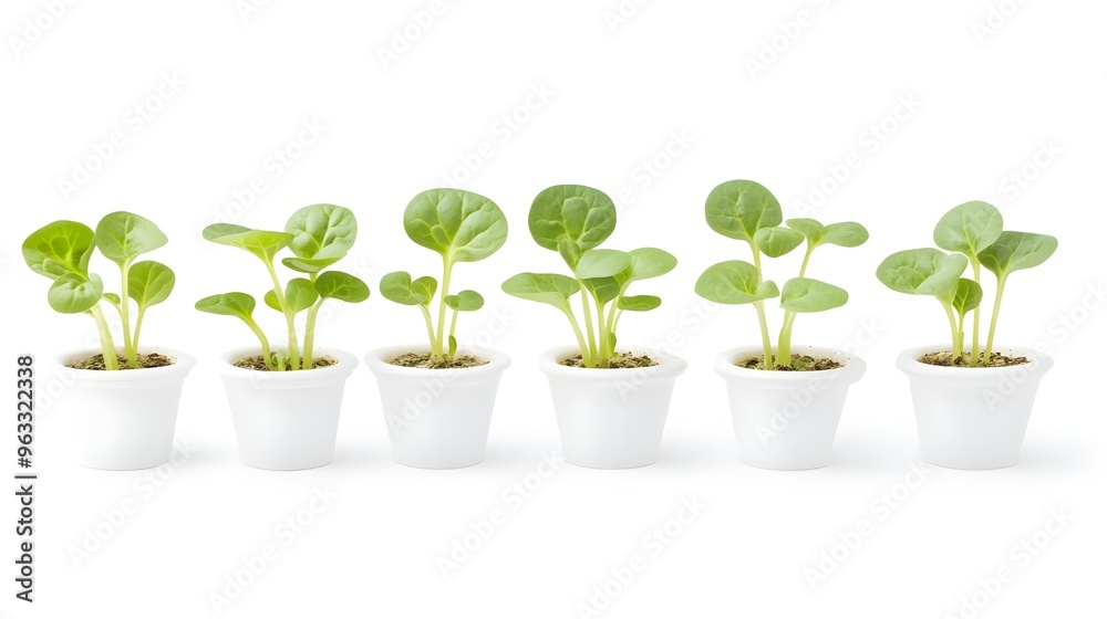 Fresh green seedlings in white pots, symbolizing growth and renewal in a vibrant, sunlit environment. Fresh green seedlings in white pots, symbolizing growth and renewal in a vibrant, sunlit environment.