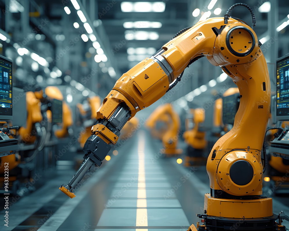A modern factory where robotic arms work in perfect harmony. This image captures the precision and efficiency of advanced manufacturing. Metal surfaces and clean lines make the machines stand out. A modern factory where robotic arms work in perfect harmony. This image captures the precision and efficiency of advanced manufacturing. Metal surfaces and clean lines make the machines stand out.