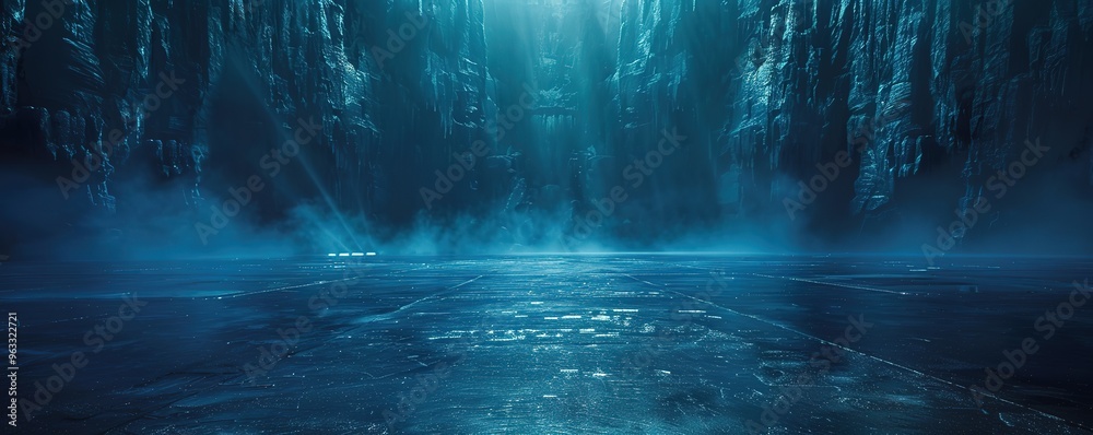 Naklejka premium A mystical blue cave with an icy lake. Perfect for fantasy and mystical imagery.