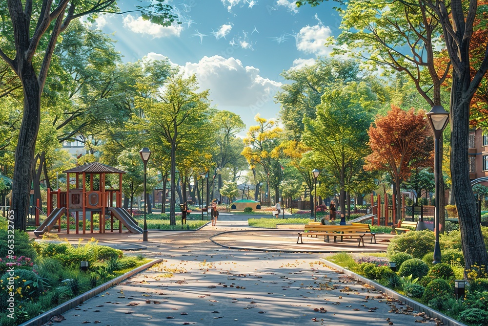 Fototapeta premium A park with a playground and benches