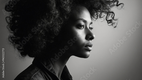 Portrait of a woman with beautiful, voluminous curly hair in dramatic black and white lighting.