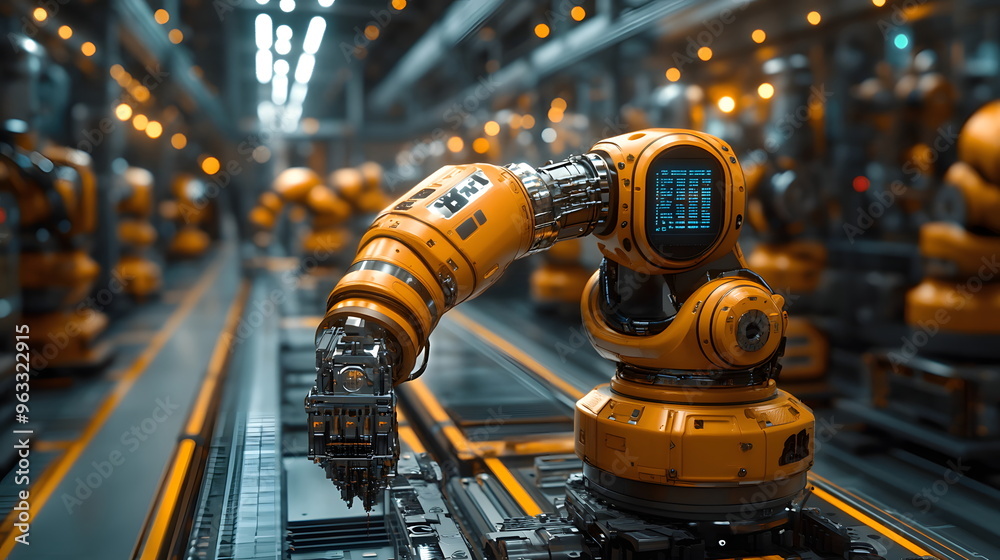 A modern factory where robotic arms work in perfect harmony. This image captures the precision and efficiency of advanced manufacturing. Metal surfaces and clean lines make the machines stand out. A modern factory where robotic arms work in perfect harmony. This image captures the precision and efficiency of advanced manufacturing. Metal surfaces and clean lines make the machines stand out.