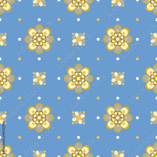 In this seamless pattern, a yellow flower has multiple layers of yellow and gray petals, placed on a blue background. It looks striking, beautiful and eye-catching.