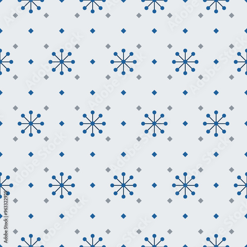 In this seamless pattern, creat a blue flower stamen shape. Surrounded by neatly alternating blue and gray diamonds on a light blue background. It looks sweet, bright, warm and beautiful.