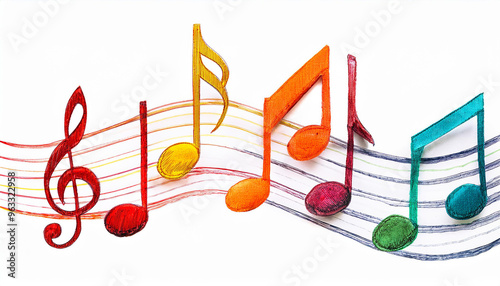 カラフルな音符が描かれたデザインです。音符は虹色で表現され、音楽の楽しさやリズムが視覚的に強調されています。五線譜の上に配置されており、全体的に明るく楽しい雰囲気が漂っています。音楽のエネルギーと創造性を表現したアートです。generative AI