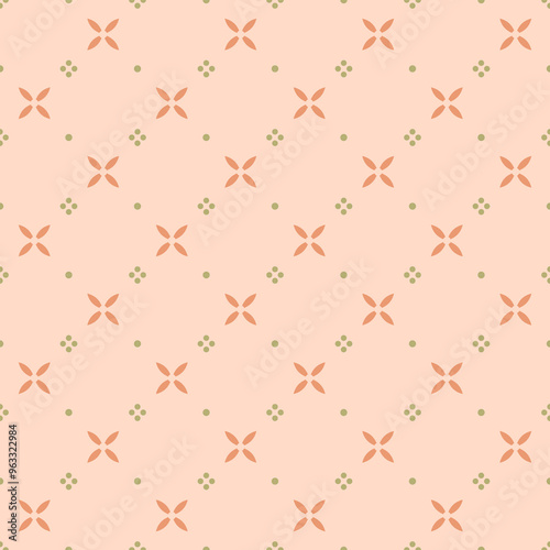 In this seamless pattern, orange four-petals are neatly arranged alternating with beautiful green circle dots on an orange background. It looks neat, attractive and beautiful.