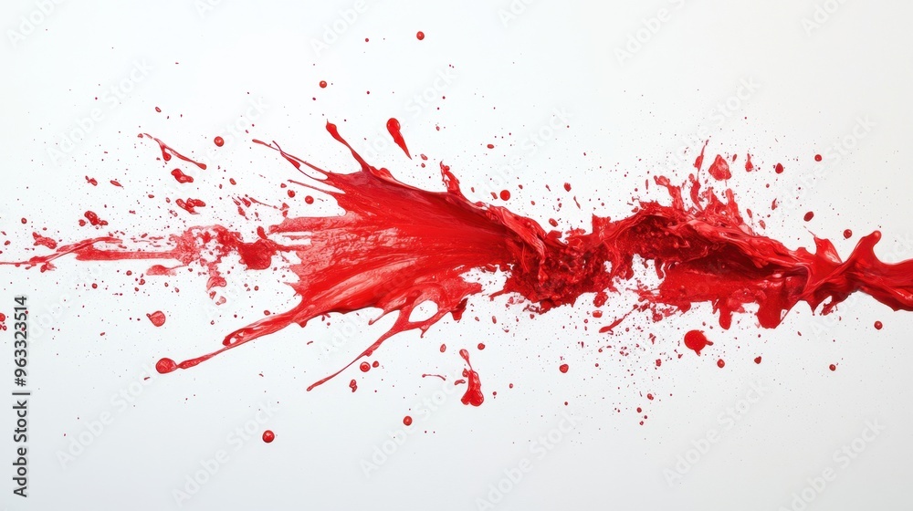 Isolated splash of red paint resembling a dynamic splatter pattern against a stark white background for a bold, striking visual. Isolated splash of red paint resembling a dynamic splatter pattern against a stark white background for a bold, striking visual.