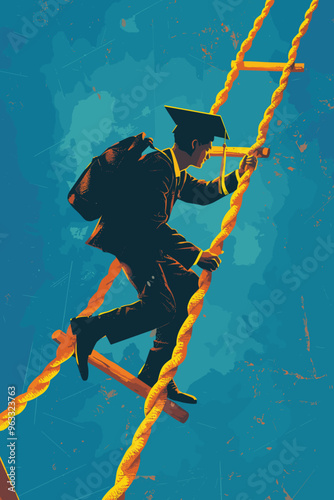 Businessman Climbing Illuminated Rope to Graduation Cap, Illustrating Creative Ideas Born from Educational Innovations