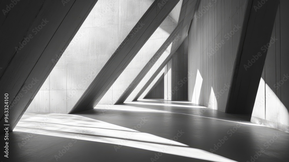 Obraz premium Geometric triangular shapes and sharp shadows create a clean, symmetrical room filled with light and precision.