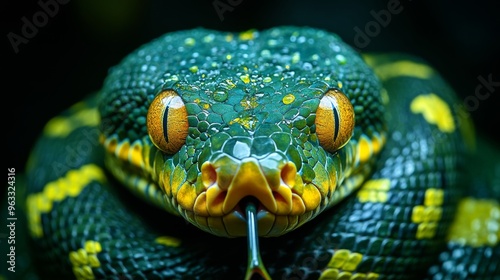 Green tree python sticking out tongue showing scales