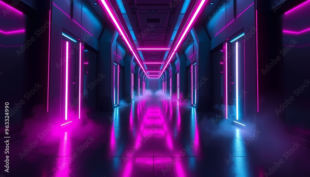 Sci-Fi Corridor with Neon Magenta and Cyan Lights and Reflective Black Floors Sci-Fi Corridor with Neon Magenta and Cyan Lights and Reflective Black Floors