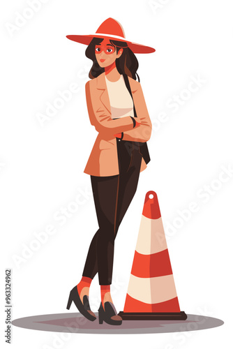 Cautious Woman with Red Traffic Cone Signaling Restricted Access and Website Under Construction