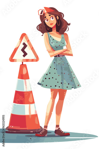 Cautious Woman with Red Traffic Cone Signaling Restricted Access and Website Under Construction