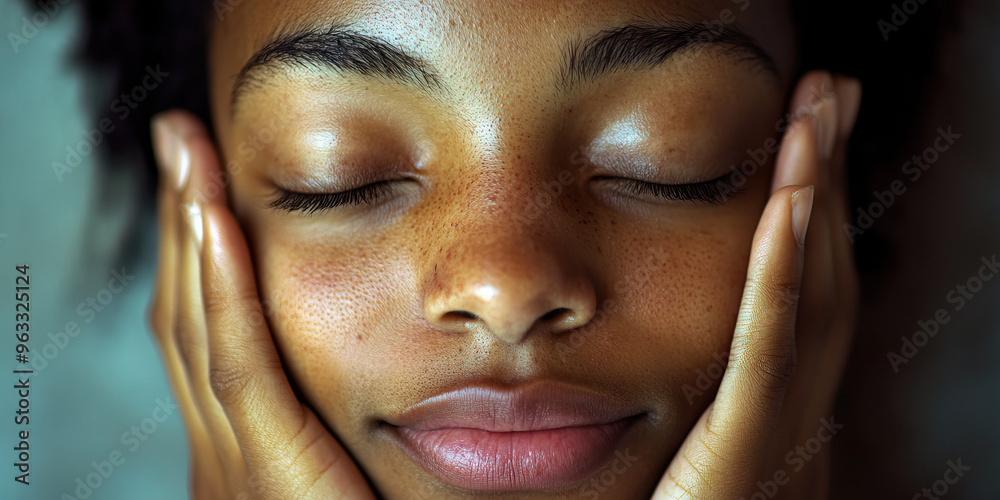 Weary Smile: A woman with her head in her hands, her eyes closed, a small smile curling at the corners of her lips. Weary Smile: A woman with her head in her hands, her eyes closed, a small smile curling at the corners of her lips.