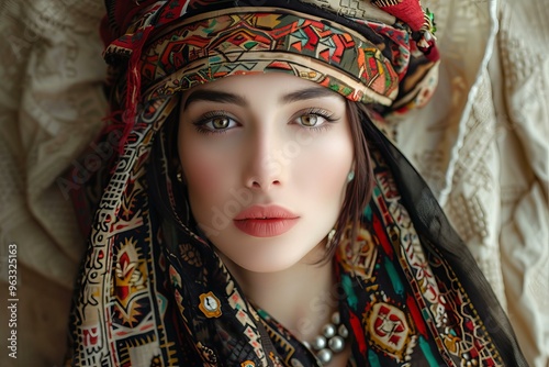 Beautiful young woman with brown eyes and long brown hair wearing a colorful traditional turban