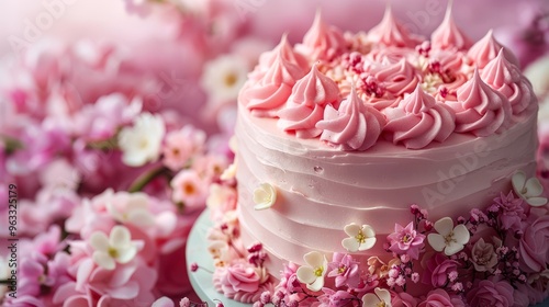 Pastel Pink Floral Birthday Cake on Soft Pink Background