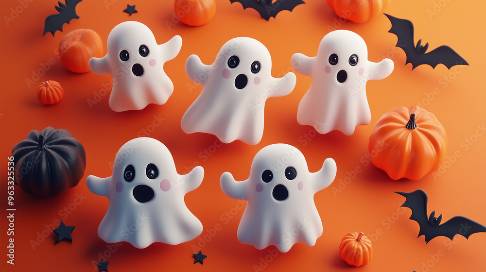 ghost and pumpkins on a gray background. 3d illustration. ghost and pumpkins on a gray background. 3d illustration.
