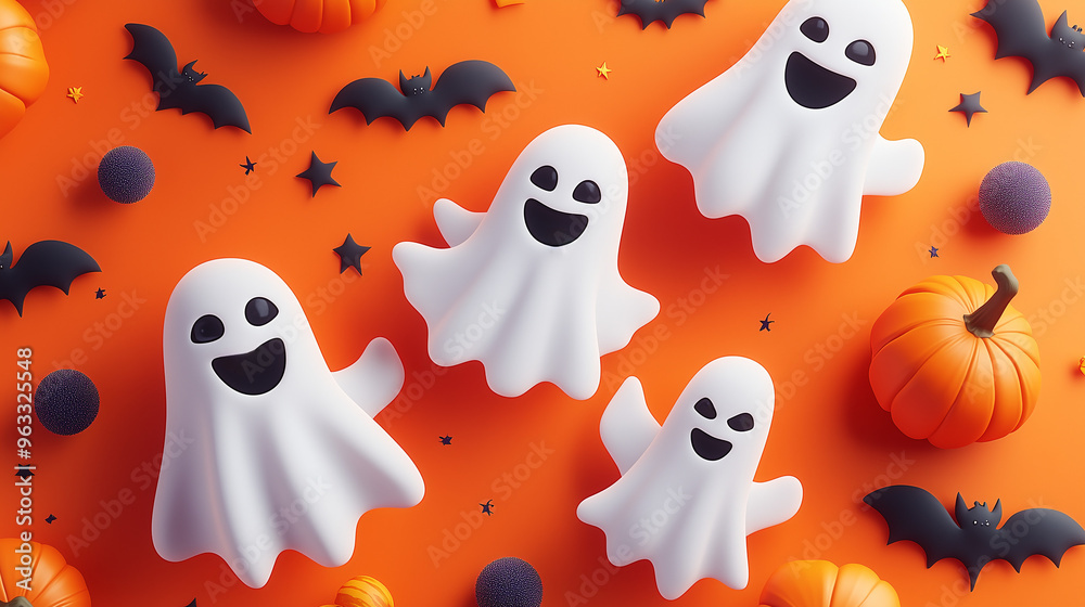 ghost and pumpkins on a gray background. 3d illustration. ghost and pumpkins on a gray background. 3d illustration.