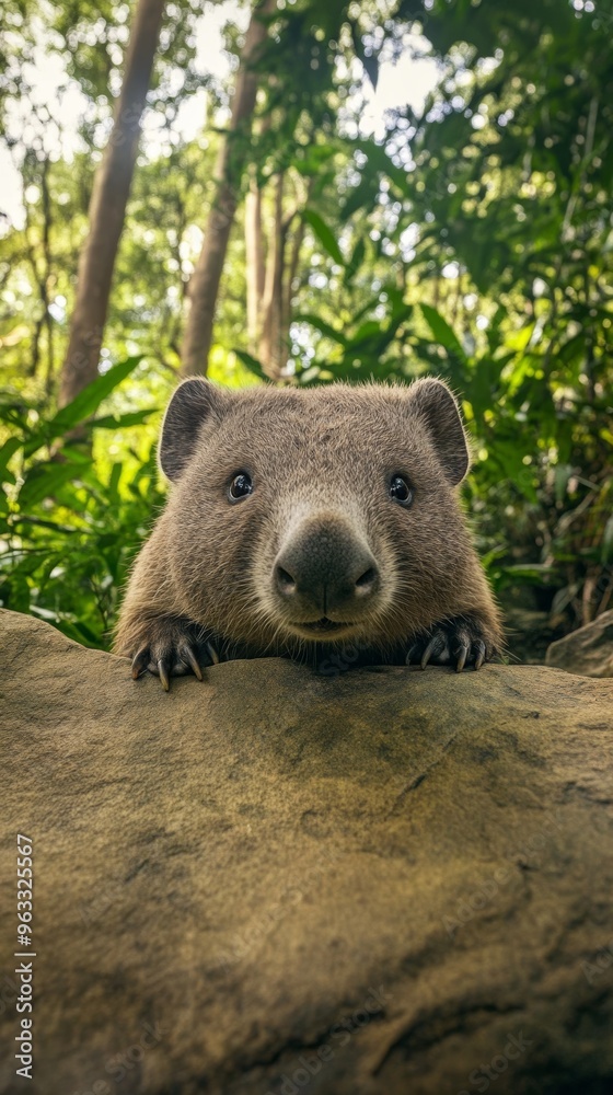 Fototapeta premium Common wombat peeking over rock in australian forest