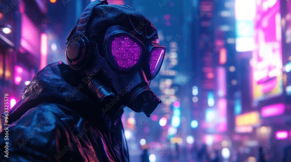 Fashion-forward cyberpunk theme featuring a gas mask against a neon-lit futuristic cityscape, evoking rebellion and edgy style. Fashion-forward cyberpunk theme featuring a gas mask against a neon-lit futuristic cityscape, evoking rebellion and edgy style.