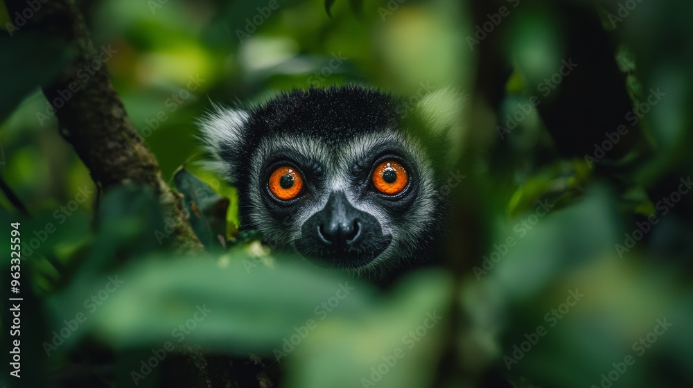Fototapeta premium Black and white ruffed lemur hiding in the jungle