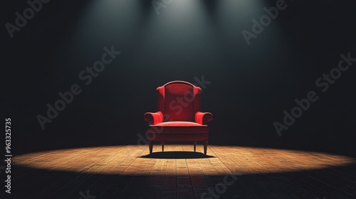 Single chair illuminated by overhead spotlights on a dark stage, creating a dramatic and powerful atmosphere. photo