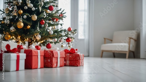 Christmas tree with gifts in the interior of the white room decor for the new year