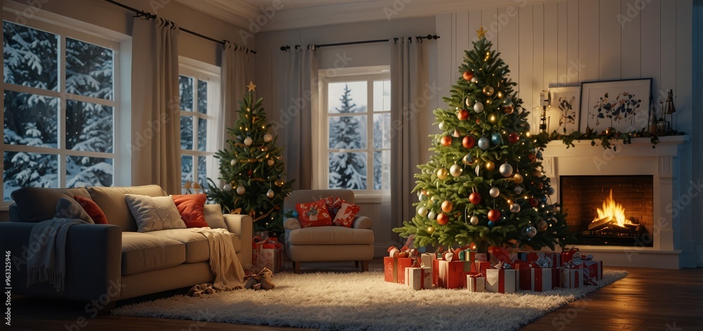 Christmas tree with toys and gifts decorate modern interior scandinavian farmhouse style Christmas tree with toys and gifts decorate modern interior scandinavian farmhouse style