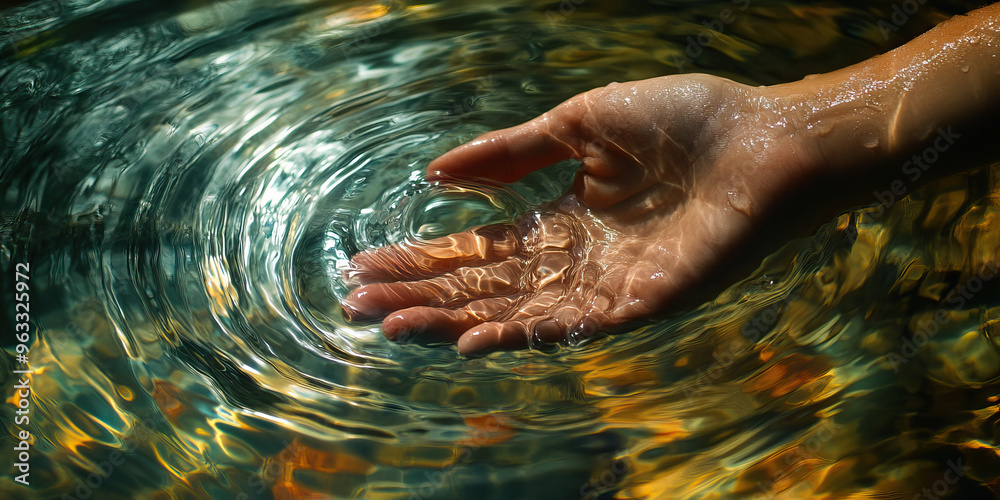 Fototapeta premium Calm Wave: A hand gently moving through water, creating ripples, reflecting the surroundings.